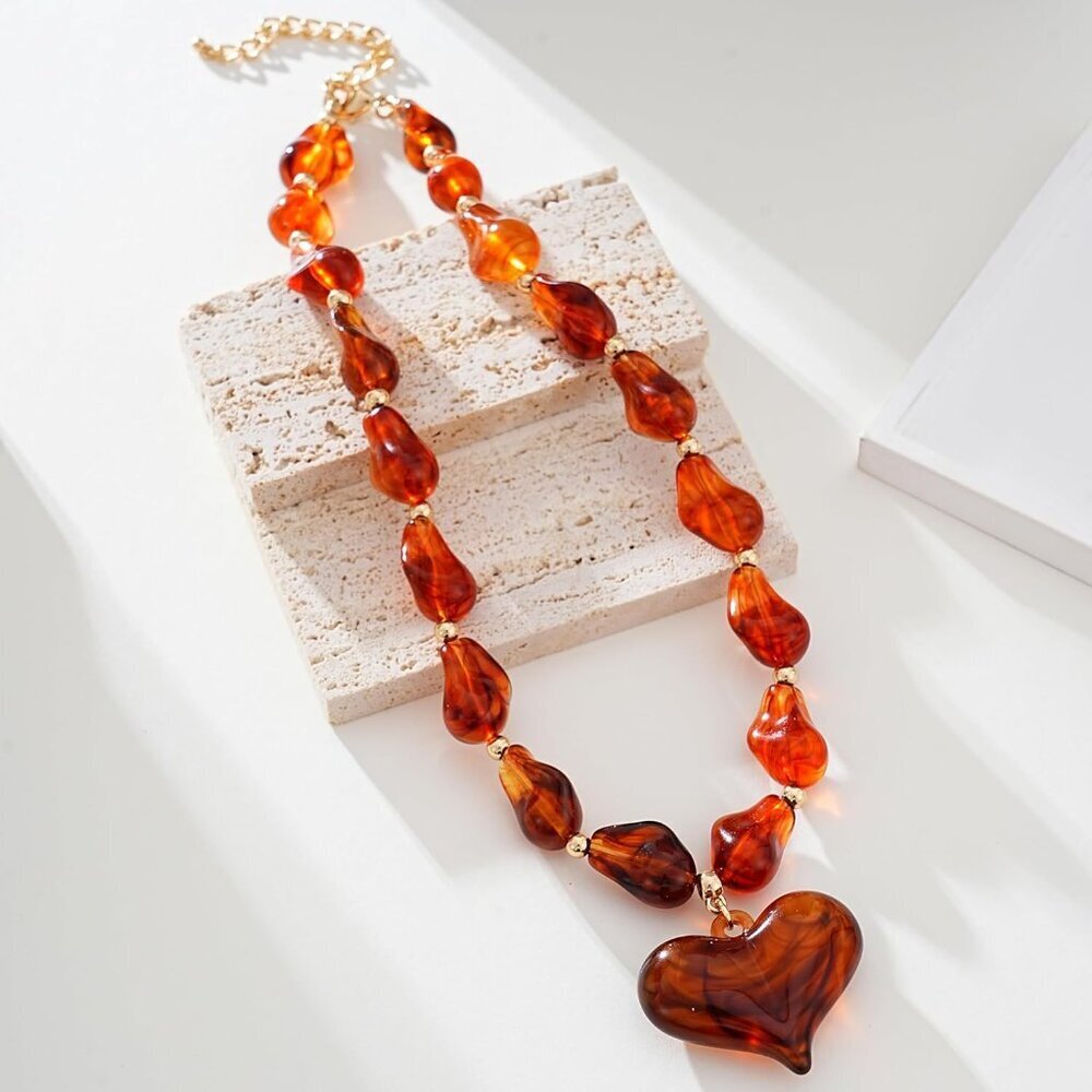 Women's Adjustable Y2K Style Statement Chunky Beaded Choker Puffy Heart Necklace - Picture 6 of 7